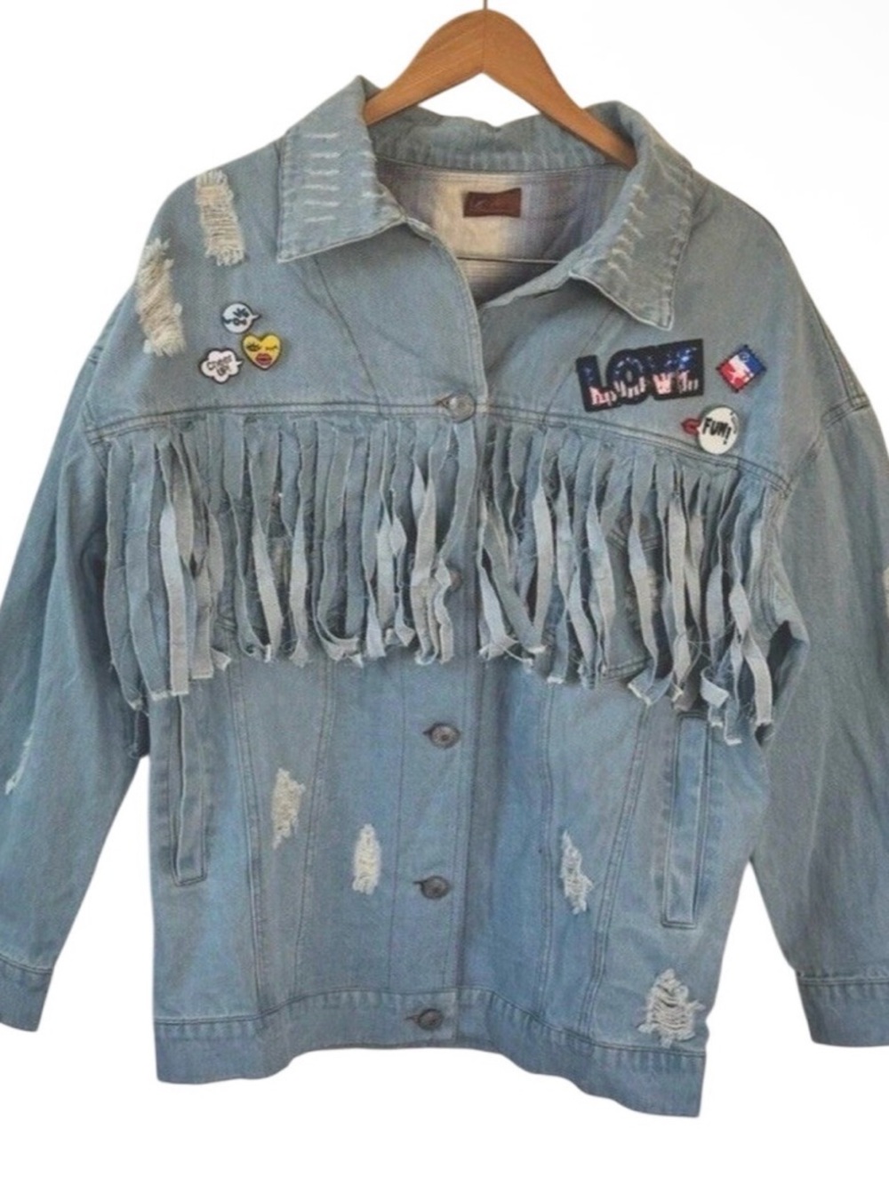 POL Denim Shacket Jacket Fringe Pins Patches Distressed Oversized S NWOT